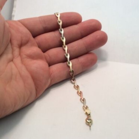 14k Tri-Color REAL Solid Gold XO Hearts & Kisses Cz Fancy Bracelet 7 1/4'' 4.4g - Picture 7 of 8